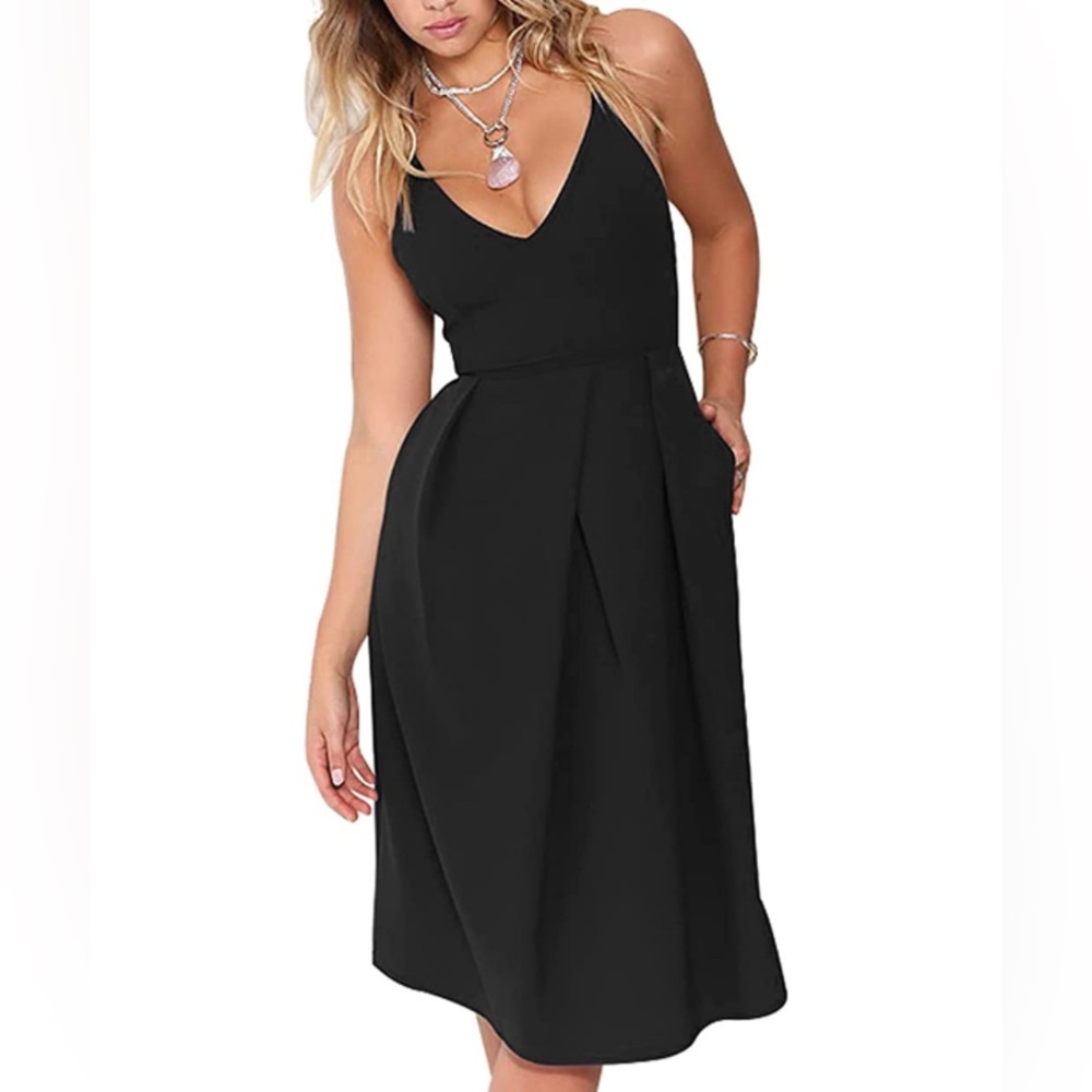Spaghetti Strap Black Dress with Pockets